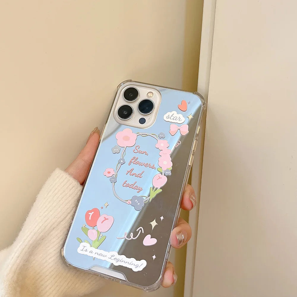 Flower with Makeup Mirror Phone Case for IPhone 15 14 Plus 13 12 Pro Max