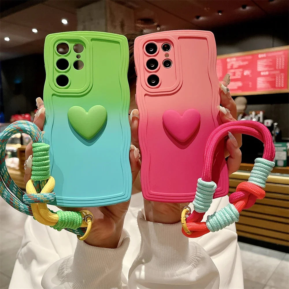 Cute Heart Wrist Strap Case for Samsung Galaxy S23 S24 Ultra S22 S21 Plus