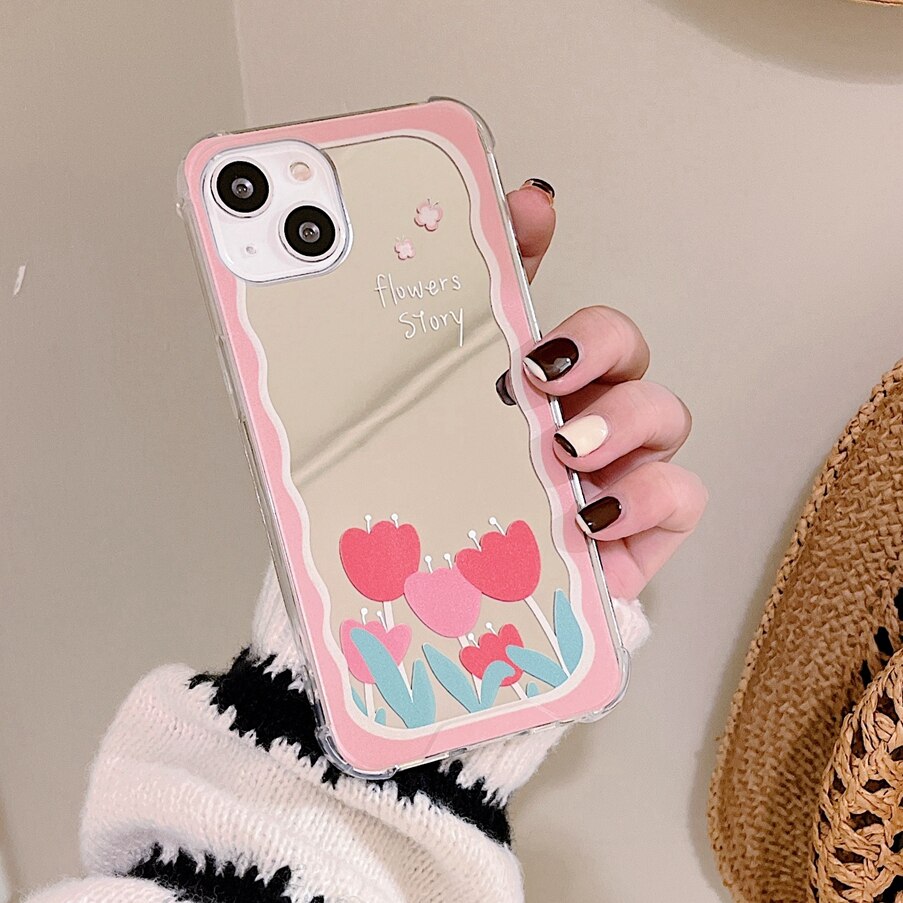 Mirror Phone Case for iPhone 14 Plus Flower Soft Cover for iPhone 12 13 Pro Max