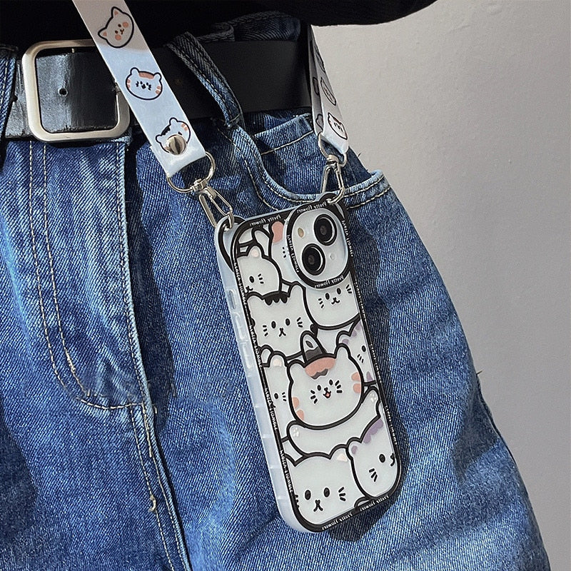 Cute Bear Lanyard Phone Case For iPhone 14 13 12 Pro Max 14 Plus Cover