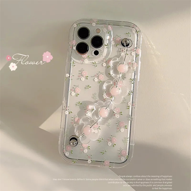 Cute Flower Wrist Phone Chain Soft Phone Case For iphone 15 14 12 13 Pro Max Plus