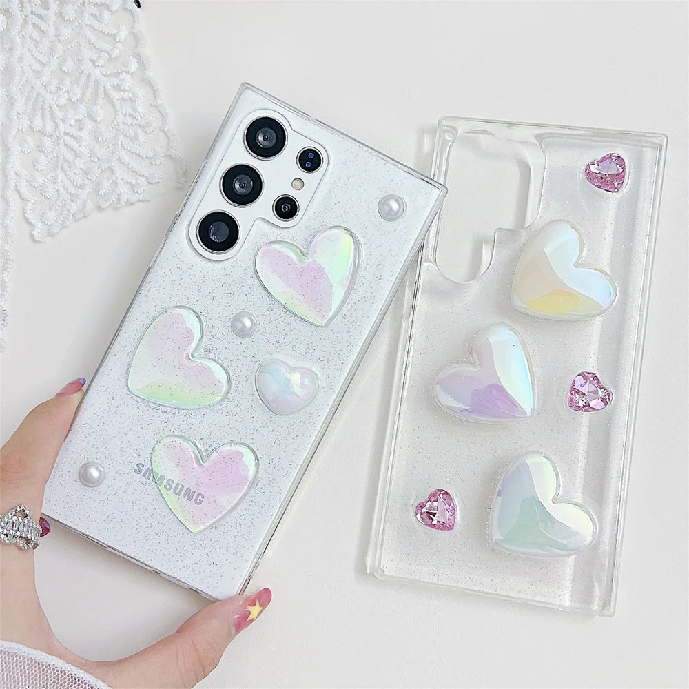 Cute 3D Love Heart Glitter Clear Case For Samsung Galaxy S23 S22 Ultra S21 S20 FE Plus Cover