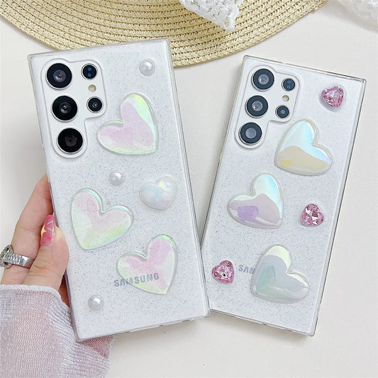 Cute 3D Love Heart Glitter Clear Case For Samsung Galaxy S23 S22 Ultra S21 S20 FE Plus Cover