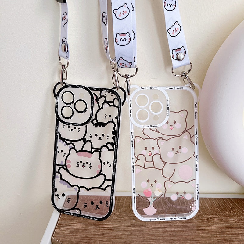 Cute Bear Lanyard Phone Case For iPhone 14 13 12 Pro Max 14 Plus Cover