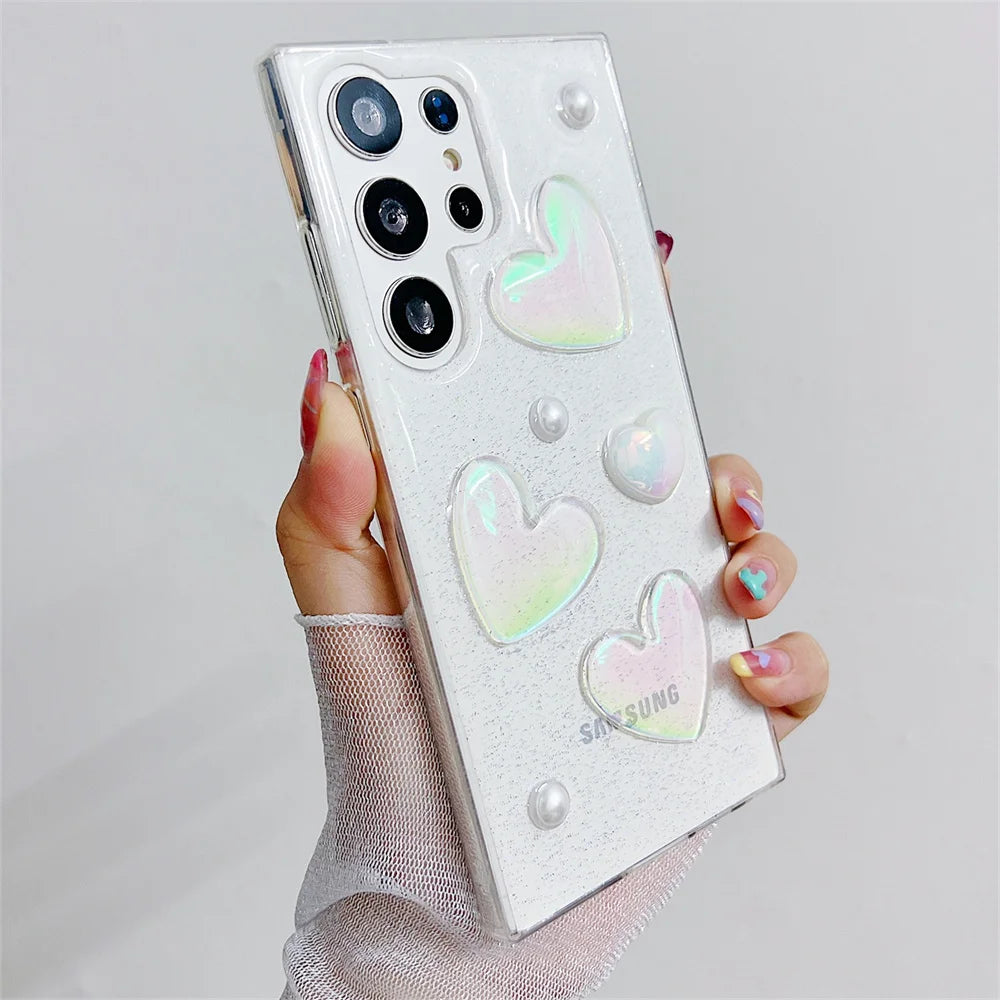 Cute 3D Love Heart Glitter Clear Case For Samsung Galaxy S23 S22 Ultra S21 S20 FE Plus Cover