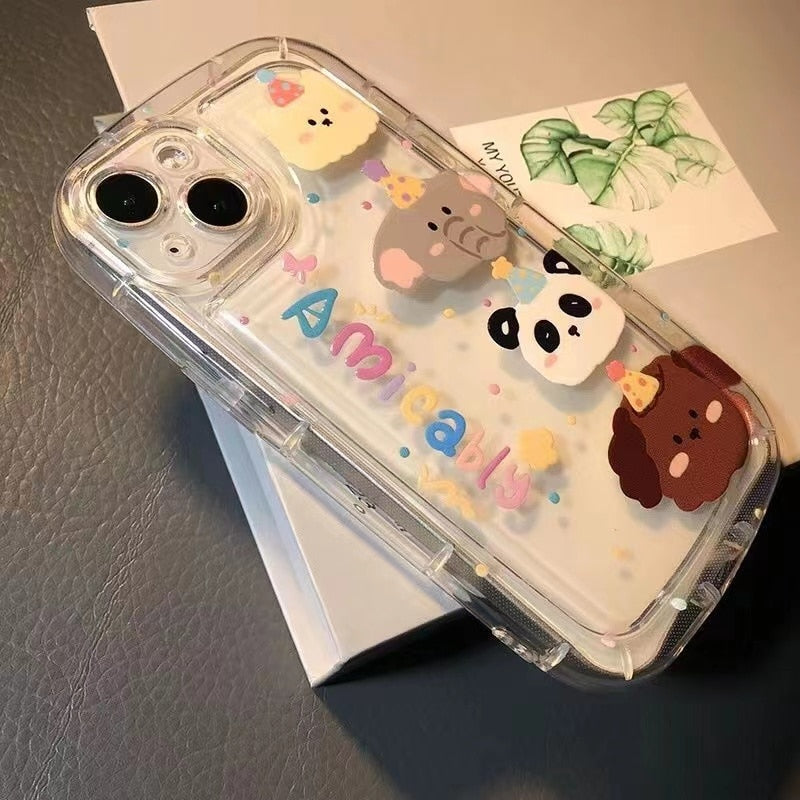 iPhone 15 14 13 12 Cartoon Bear Rabbit Pig Panda Cute Phone Case