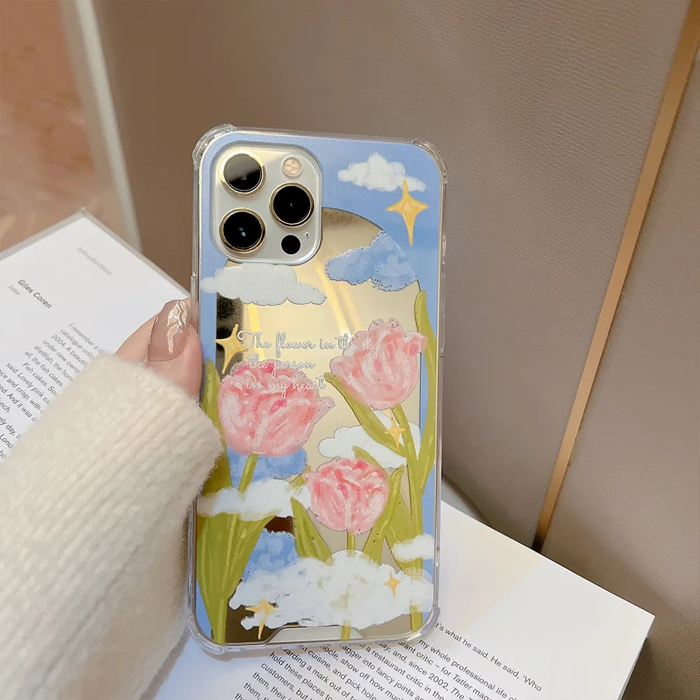 Flower with Makeup Mirror Phone Case for IPhone 15 14 Plus 13 12 Pro Max