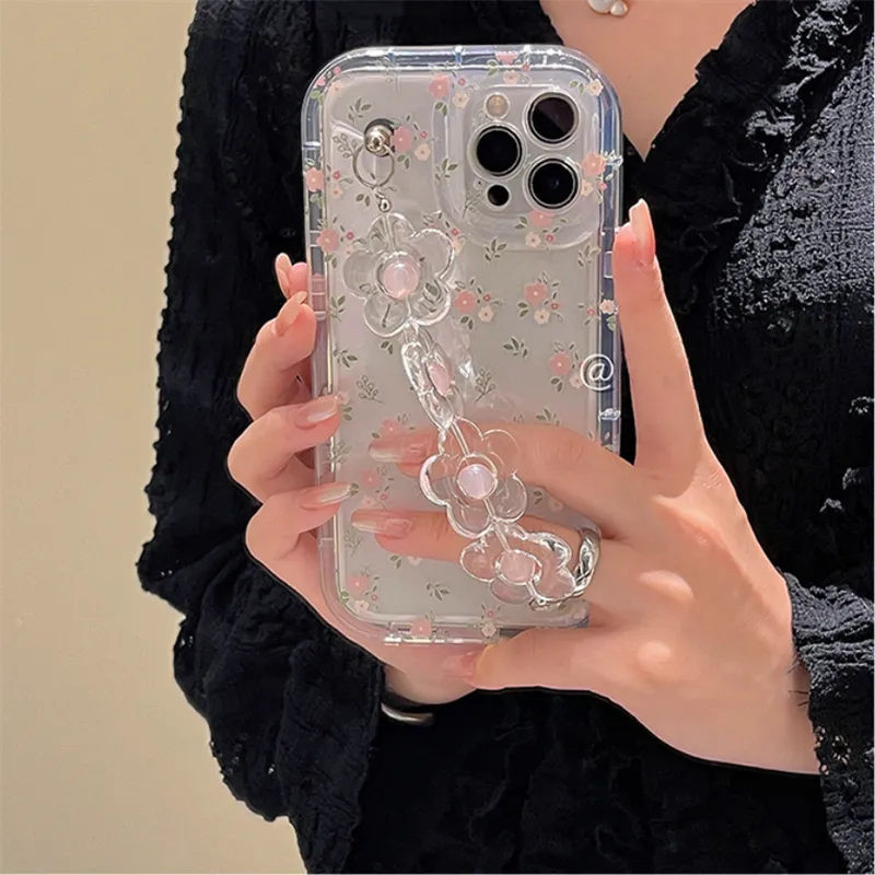 Cute Flower Wrist Phone Chain Soft Phone Case For iphone 15 14 12 13 Pro Max Plus