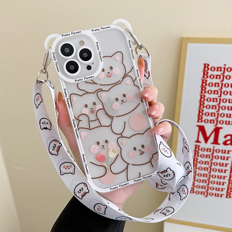 Cute Bear Lanyard Phone Case For iPhone 14 13 12 Pro Max 14 Plus Cover