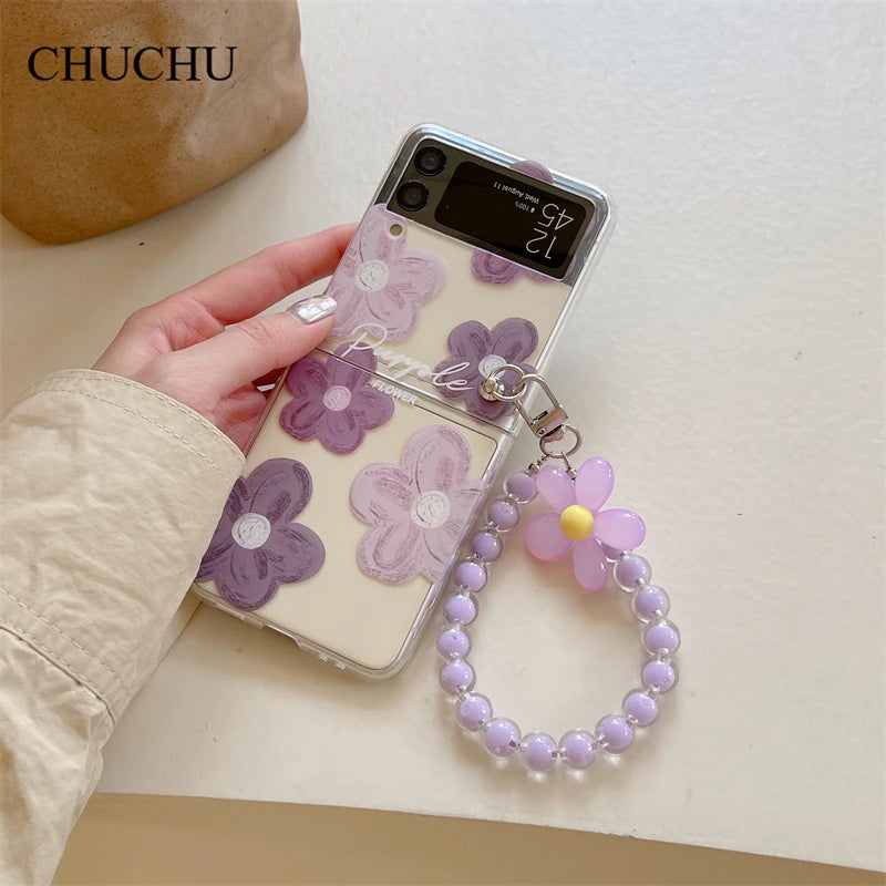 Cute Flower Z Flip 3 4 5 Case For Samsung Chain Bracelet Lanyard Cover