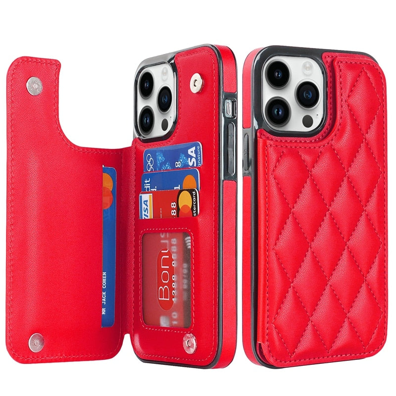 iPhone 15 14 13 12 Wallet Double Button Card Flip Leather Case