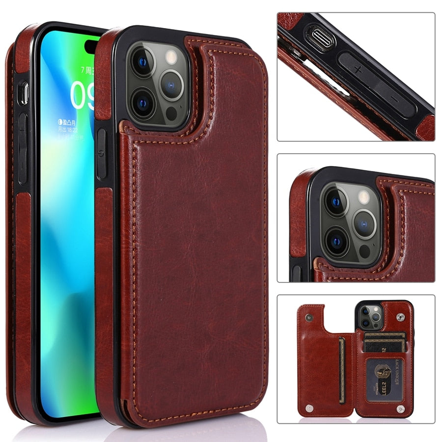 Wallet Double Button With Card Slot Stand Leather Case For iPhone 15 14 Pro Max 13 12 Plus