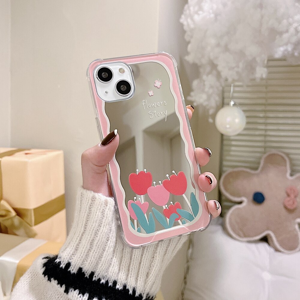 Mirror Phone Case for iPhone 14 Plus Flower Soft Cover for iPhone 12 13 Pro Max