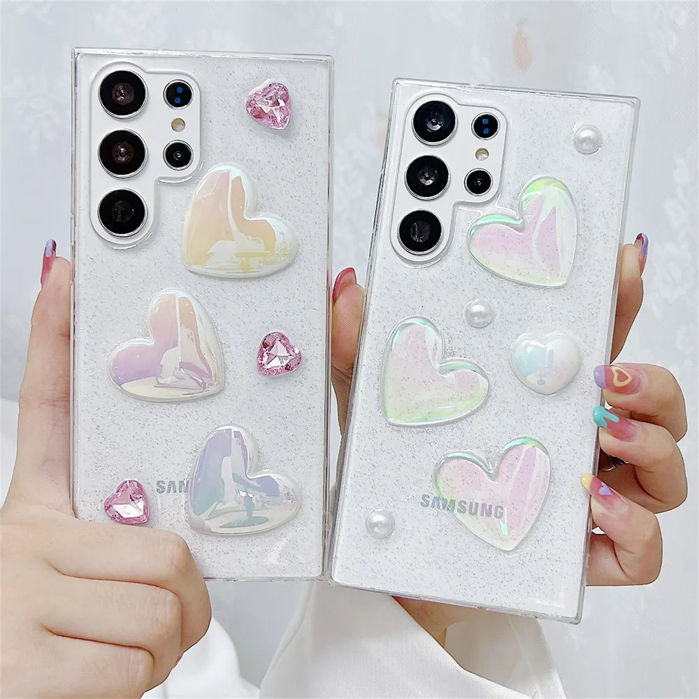 Cute 3D Love Heart Glitter Clear Case For Samsung Galaxy S23 S22 Ultra S21 S20 FE Plus Cover