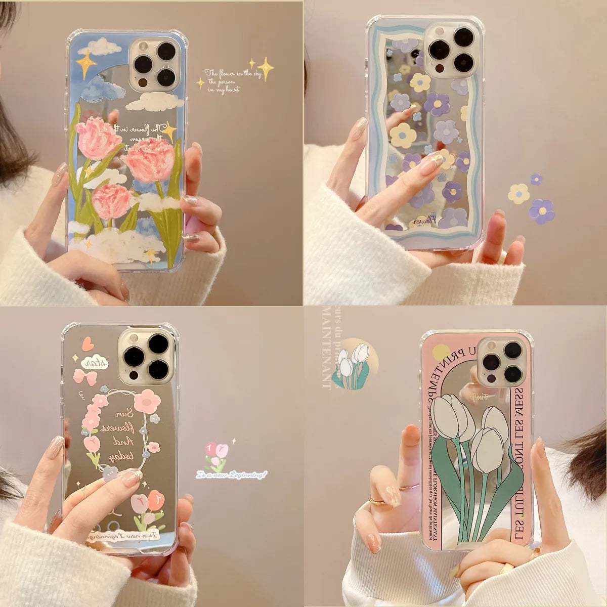 Flower with Makeup Mirror Phone Case for IPhone 15 14 Plus 13 12 Pro Max