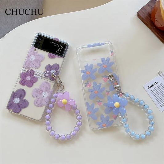 Cute Flower Z Flip 3 4 5 Case For Samsung Chain Bracelet Lanyard Cover