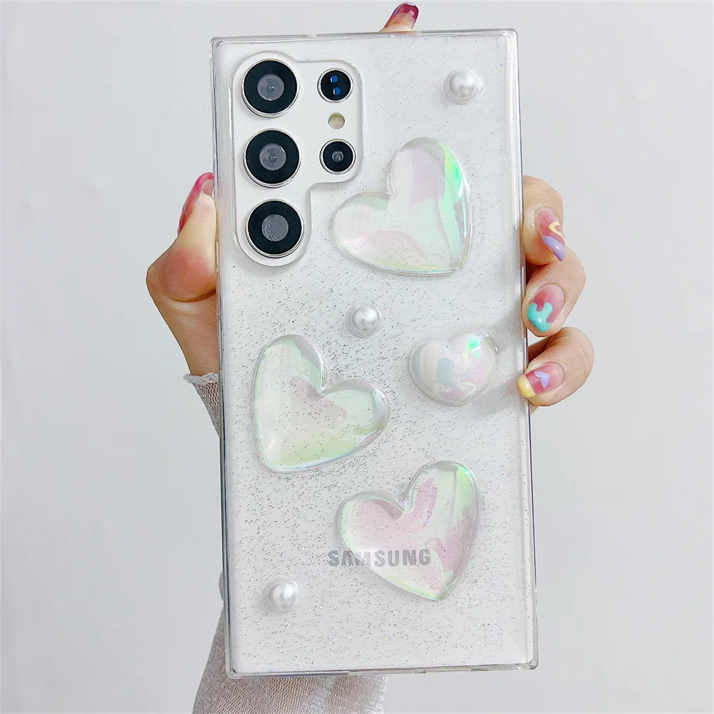 Cute 3D Love Heart Glitter Clear Case For Samsung Galaxy S23 S22 Ultra S21 S20 FE Plus Cover