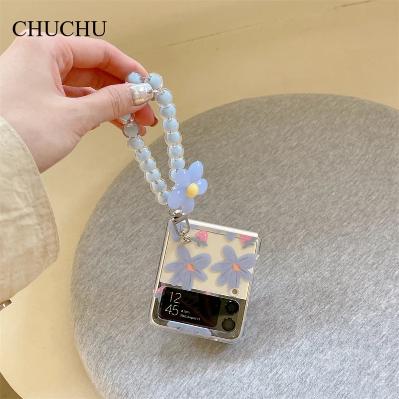 Cute Flower Z Flip 3 4 5 Case For Samsung Chain Bracelet Lanyard Cover