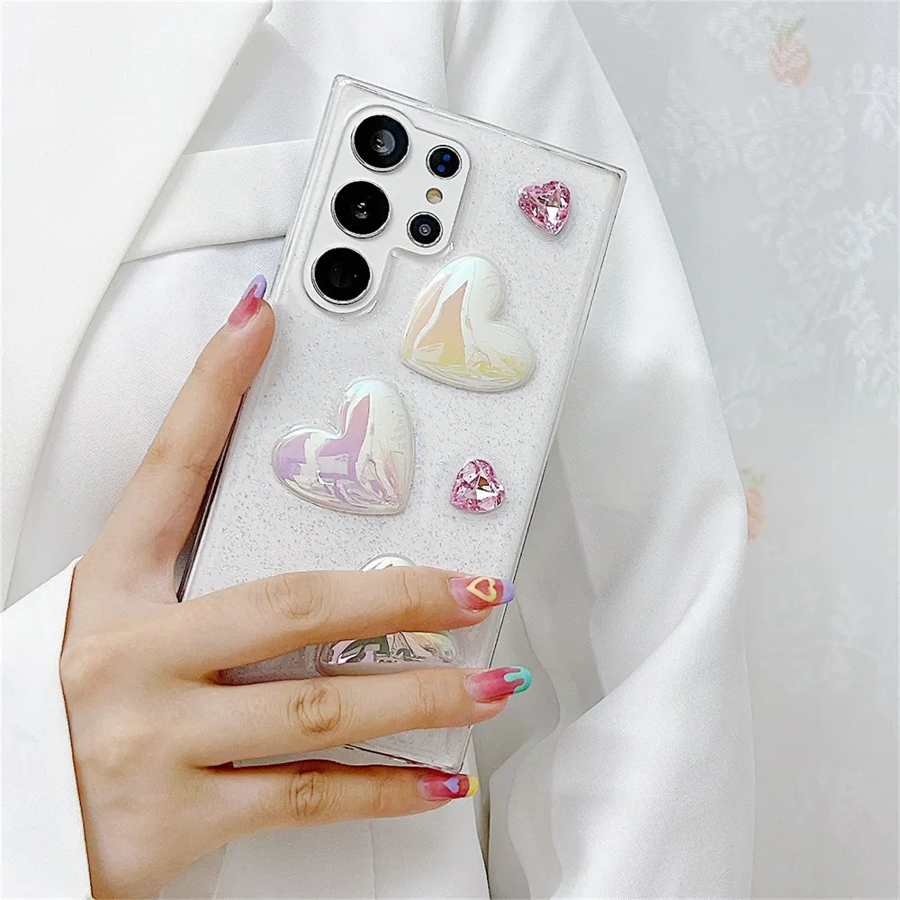 Cute 3D Love Heart Glitter Clear Case For Samsung Galaxy S23 S22 Ultra S21 S20 FE Plus Cover