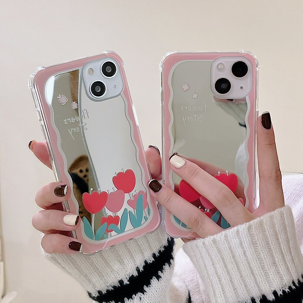 Mirror Phone Case for iPhone 14 Plus Flower Soft Cover for iPhone 12 13 Pro Max