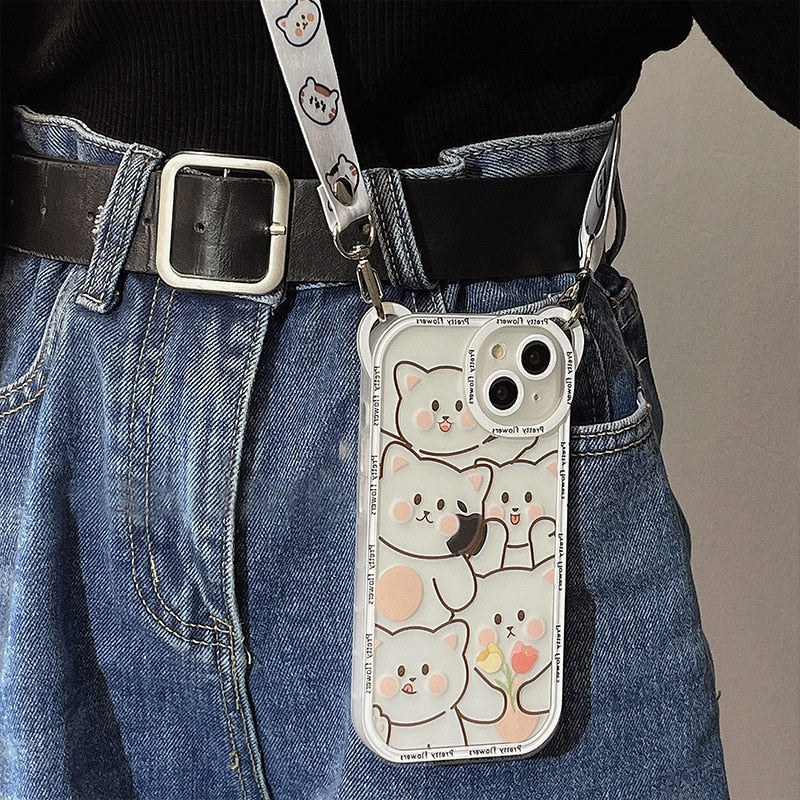 Cute Bear Lanyard Phone Case For iPhone 14 13 12 Pro Max 14 Plus Cover