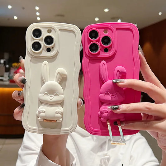 Cute Cartoon Stand Holder Case for iPhone 13 12 14 15 Pro Max Plus Soft Silicone Cover