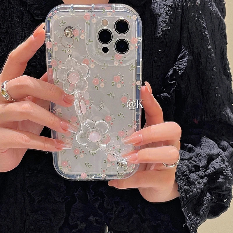 Cute Flower Wrist Phone Chain Soft Phone Case For iphone 15 14 12 13 Pro Max Plus