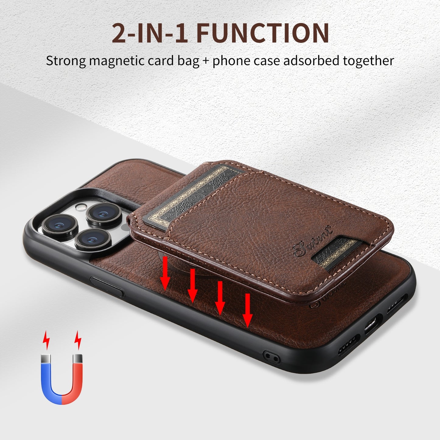 iPhone 15 14 13 12 Magnetic MagSafe Card Holder 2 in 1 Leather Phone Case