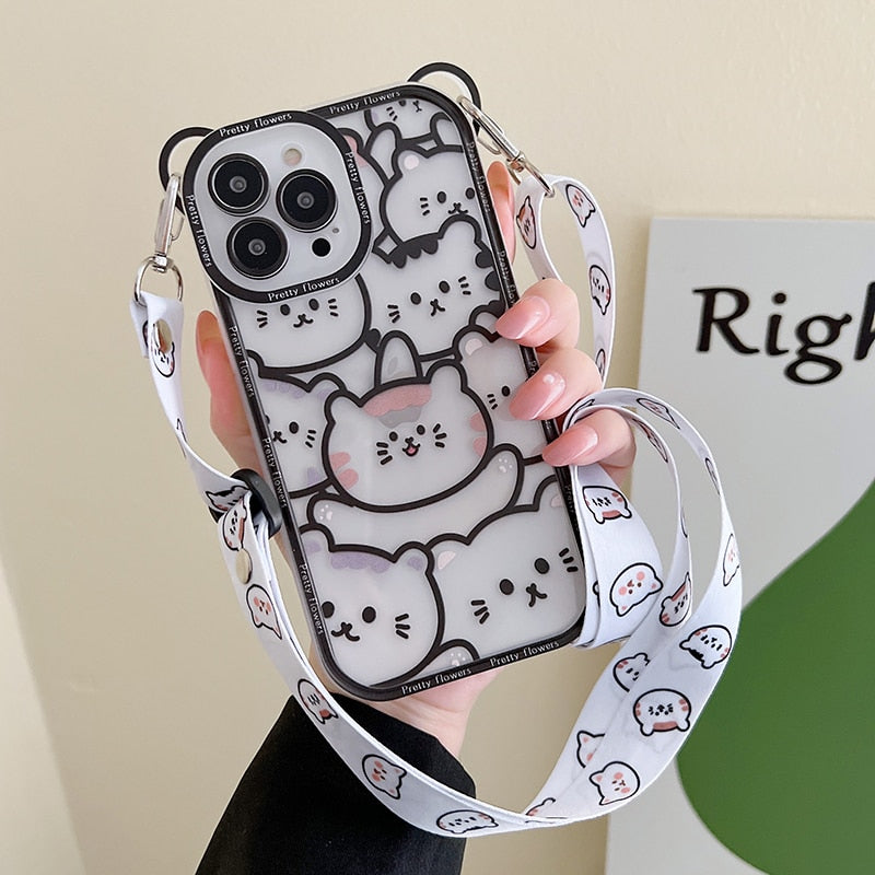 Cute Bear Lanyard Phone Case For iPhone 14 13 12 Pro Max 14 Plus Cover