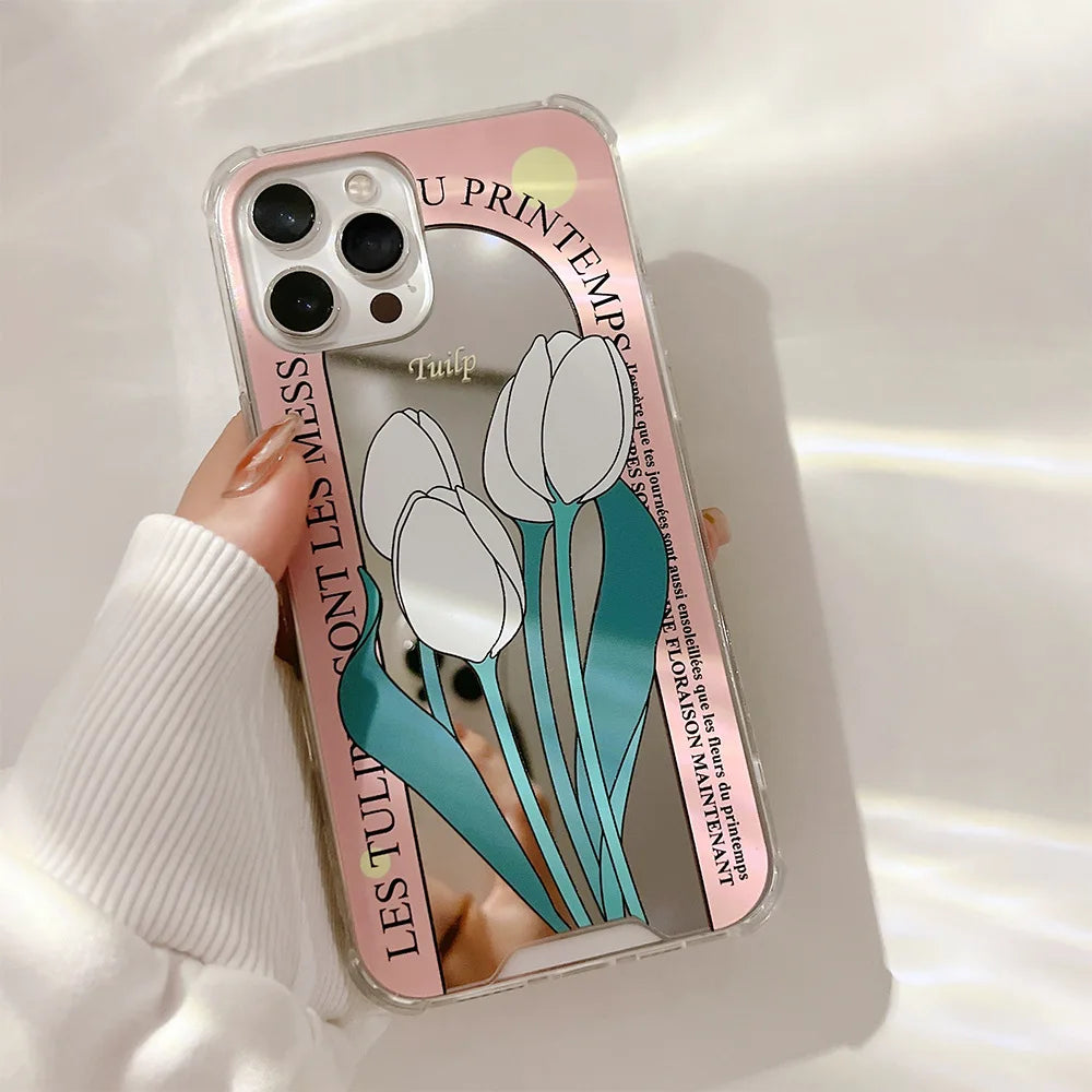 Flower with Makeup Mirror Phone Case for IPhone 15 14 Plus 13 12 Pro Max