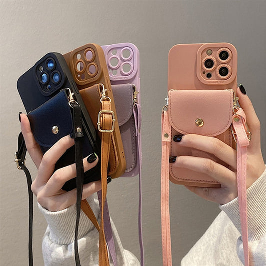 Leather Lanyard Phone Case for iPhone 14 12 13 Pro Max Plus Cover