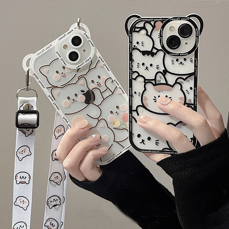 Cute Bear Lanyard Phone Case For iPhone 14 13 12 Pro Max 14 Plus Cover